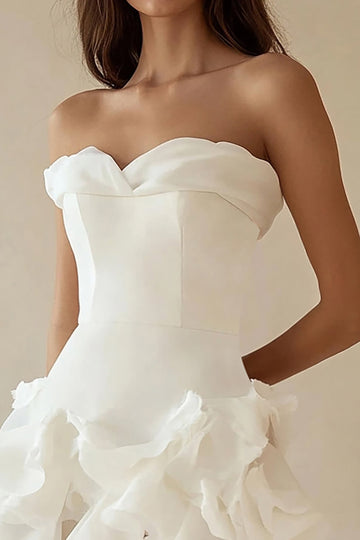White Chiffon A-Line Strapless Ruffled Graduation Dress